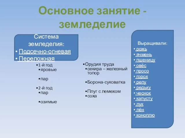 Основное занятие - земледелие Система земледелия: Подсечно-огневая Переложная Выращивали: рожь ячмень