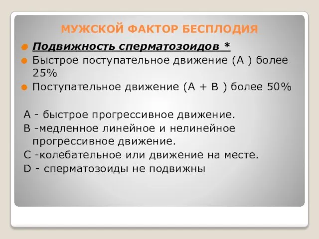 МУЖСКОЙ ФАКТОР БЕСПЛОДИЯ Подвижность сперматозоидов * Быстрое поступательное движение (А )