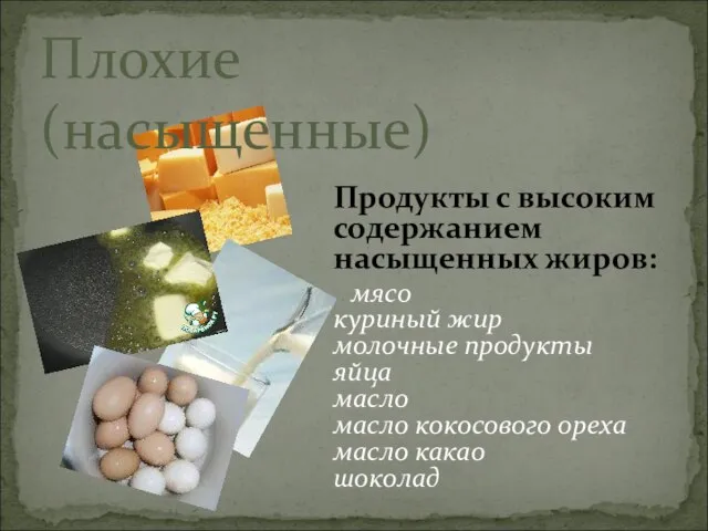 Плохие (насыщенные) Продукты с высоким содержанием насыщенных жиров: мясо куриный жир