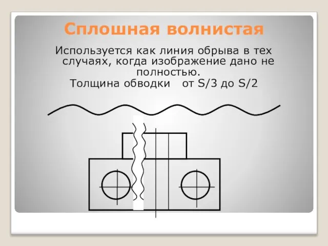 Сплошная волнистая Используется как линия обрыва в тех случаях, когда изображение