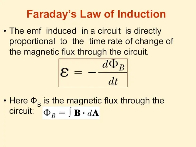 Faraday’s Law of Induction The emf induced in a circuit is