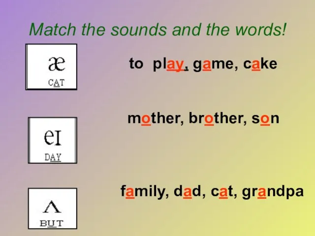 Match the sounds and the words! to play, game, cake mother,