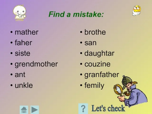 Find a mistake: mather faher siste grendmother ant unkle brothe san