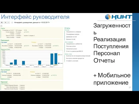 Интерфейс руководителя Загруженность Реализация Поступления Персонал Отчеты + Мобильное приложение