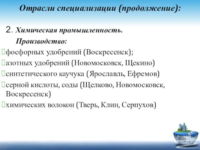 Отрасли специализации (продолжение): 2. Химическая промышленность. Производство: фосфорных удобрений (Воскресенск); азотных