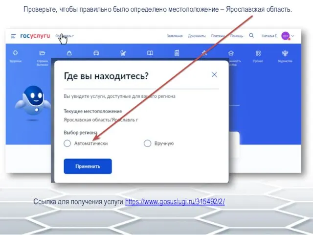 Проверьте, чтобы правильно было определено местоположение – Ярославская область. Ссылка для получения услуги https://www.gosuslugi.ru/315492/2/