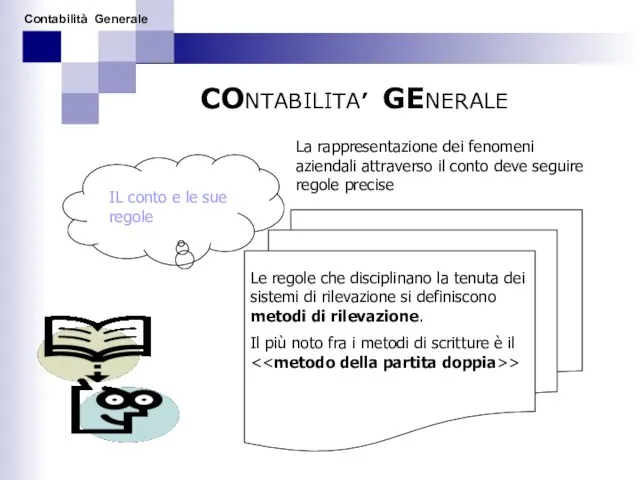 CONTABILITA’ GENERALE IL conto e le sue regole La rappresentazione dei