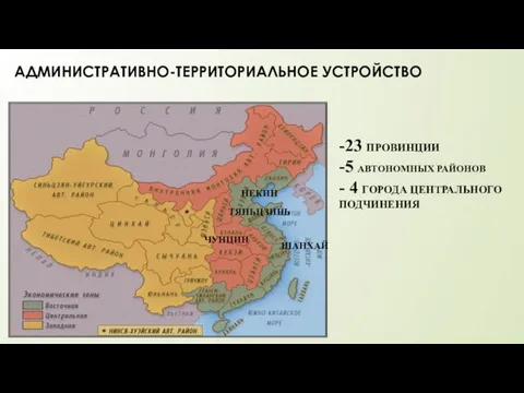 АДМИНИСТРАТИВНО-ТЕРРИТОРИАЛЬНОЕ УСТРОЙСТВО ПЕКИН ТЯНЬЦЗИНЬ ШАНХАЙ ЧУНЦИН -23 ПРОВИНЦИИ -5 АВТОНОМНЫХ РАЙОНОВ - 4 ГОРОДА ЦЕНТРАЛЬНОГО ПОДЧИНЕНИЯ