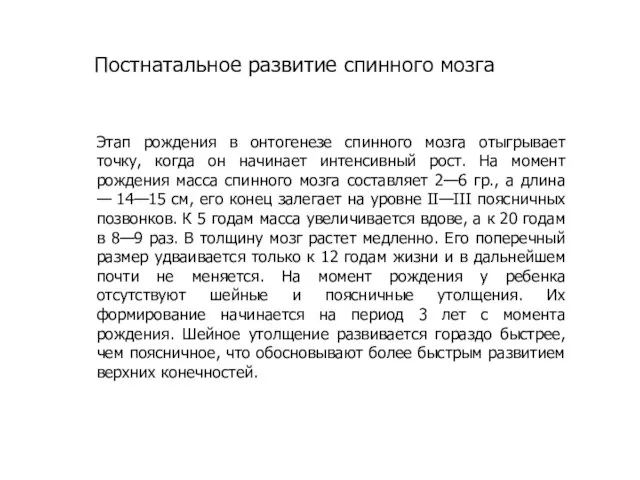 Постнатальное развитие спинного мозга Этап рождения в онтогенезе спинного мозга отыгрывает