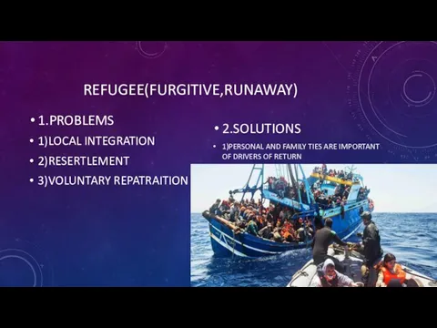 REFUGEE(FURGITIVE,RUNAWAY) 1.PROBLEMS 1)LOCAL INTEGRATION 2)RESERTLEMENT 3)VOLUNTARY REPATRAITION 2.SOLUTIONS 1)PERSONAL AND FAMILY