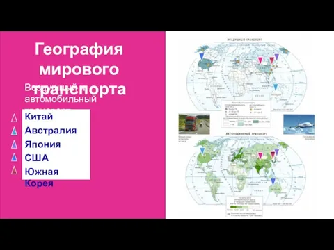 География мирового транспорта Воздушный и автомобильный транспорт Китай Австралия Япония США Южная Корея