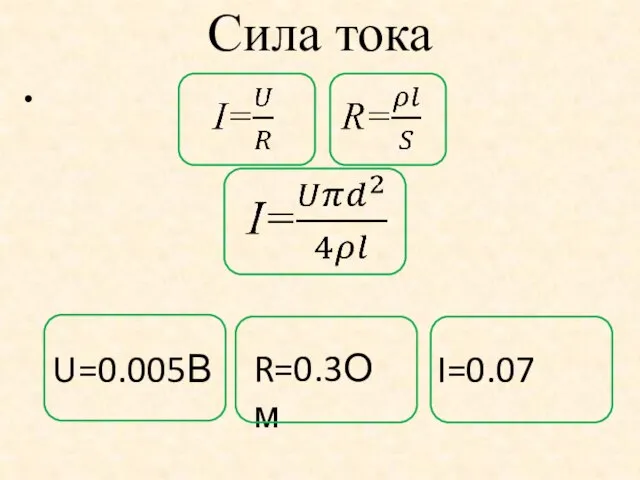 Сила тока U=0.005В R=0.3Ом I=0.07