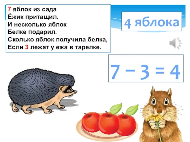 7 яблок из сада Ёжик притащил. И несколько яблок Белке подарил.