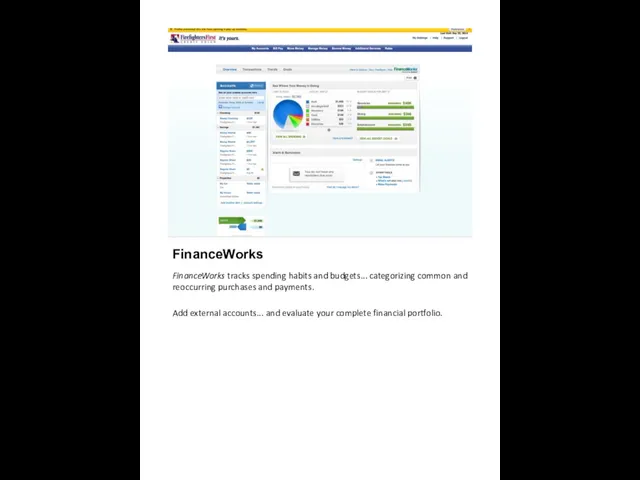 FinanceWorks FinanceWorks tracks spending habits and budgets... categorizing common and reoccurring