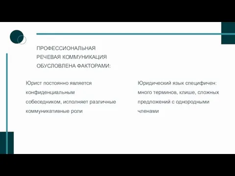 ПРОФЕССИОНАЛЬНАЯ РЕЧЕВАЯ КОММУНИКАЦИЯ ОБУСЛОВЛЕНА ФАКТОРАМИ: Юридический язык специфичен: много терминов, клише,