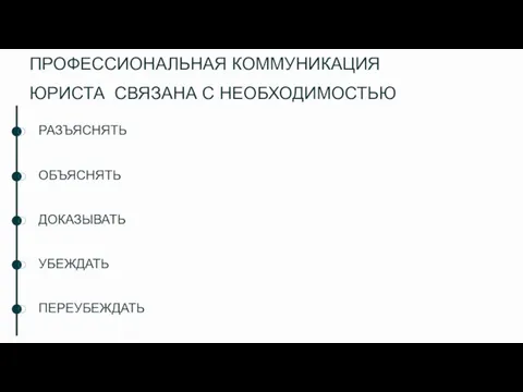 ПРОФЕССИОНАЛЬНАЯ КОММУНИКАЦИЯ ЮРИСТА СВЯЗАНА С НЕОБХОДИМОСТЬЮ РАЗЪЯСНЯТЬ ОБЪЯСНЯТЬ ДОКАЗЫВАТЬ УБЕЖДАТЬ ПЕРЕУБЕЖДАТЬ