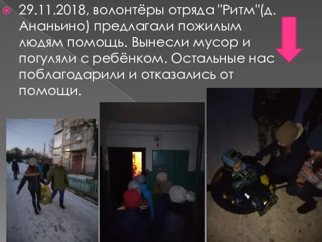 29.11.2018, волонтёры отряда "Ритм"(д.Ананьино) предлагали пожилым людям помощь. Вынесли мусор и