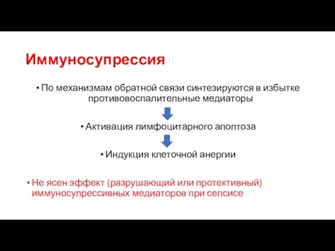 Иммуносупрессия По механизмам обратной связи синтезируются в избытке противовоспалительные медиаторы Активация