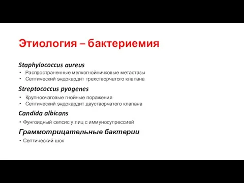 Этиология – бактериемия Staphylococcus aureus Распространенные мелкогнойничковые метастазы Септический эндокардит трехстворчатого