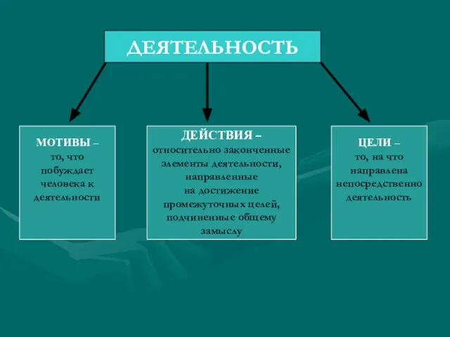 ДЕЯТЕЛЬНОСТЬ МОТИВЫ – то, что побуждает человека к деятельности ДЕЙСТВИЯ –