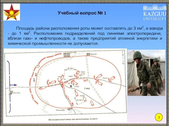 Площадь района расположения роты может составлять до 3 км2, а взвода