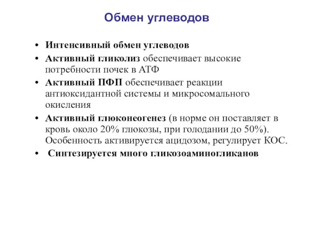 Интенсивный обмен углеводов Активный гликолиз обеспечивает высокие потребности почек в АТФ