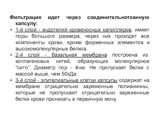 Фильтрация идет через соединительнотканную капсулу: 1-й слой - эндотелий кровеносных капилляров,