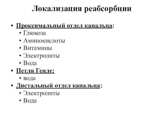 Локализация реабсорбции Проксимальный отдел канальца: Глюкоза Аминокислоты Витамины Электролиты Вода Петля