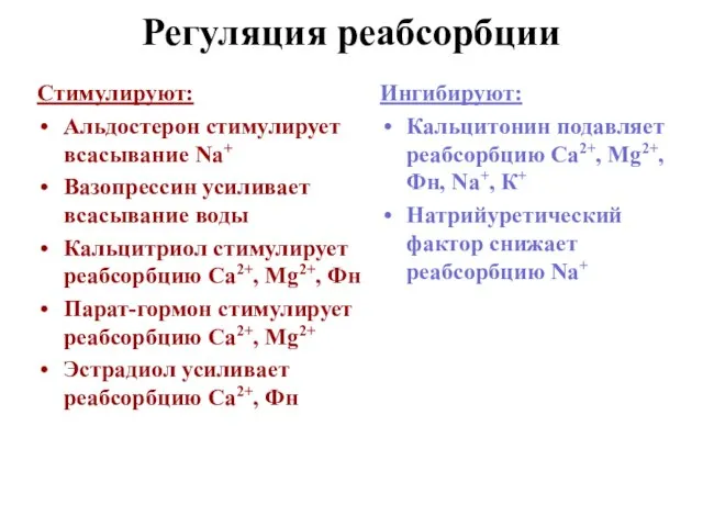 Регуляция реабсорбции Стимулируют: Альдостерон стимулирует всасывание Na+ Вазопрессин усиливает всасывание воды