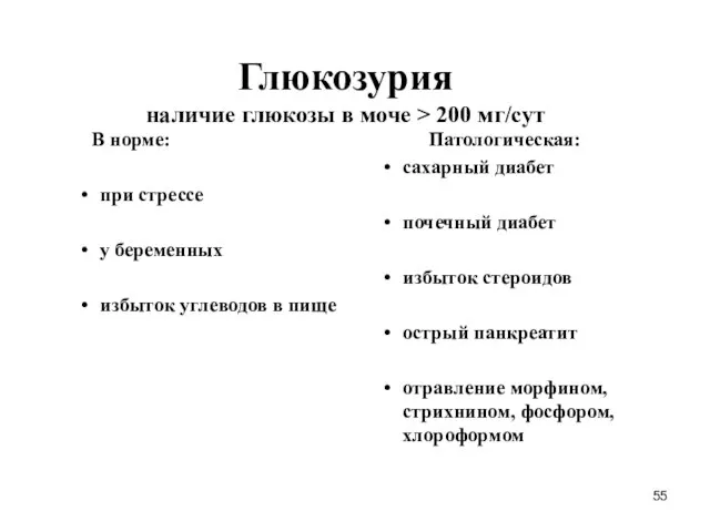 Глюкозурия наличие глюкозы в моче > 200 мг/сут В норме: при