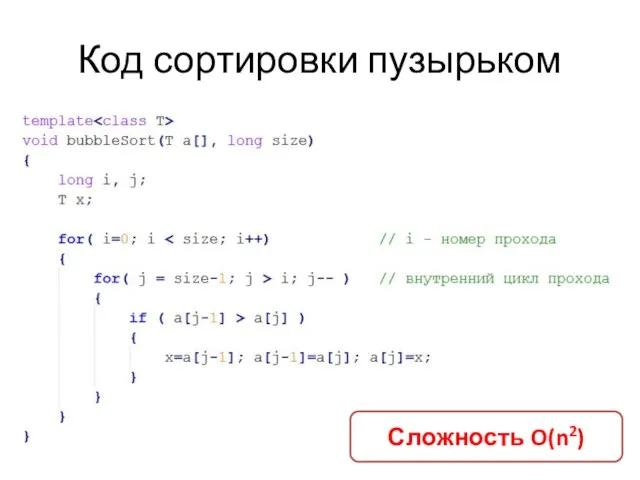 Код сортировки пузырьком Сложность O(n2)