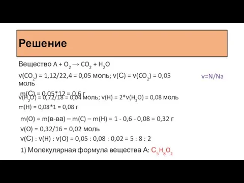 Решение Вещество A + O2 → CO2 + H2O ν(CO2) =