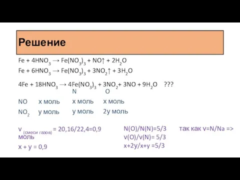 Решение Fe + 4HNO3 → Fe(NO3)3 + NO↑ + 2H2O Fe