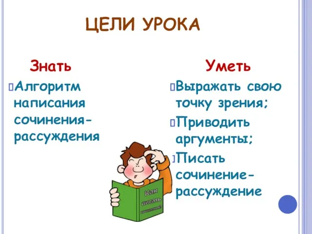 ЦЕЛИ УРОКА Знать Алгоритм написания сочинения-рассуждения Уметь Выражать свою точку зрения; Приводить аргументы; Писать сочинение-рассуждение