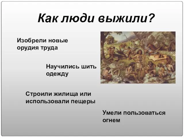 Как люди выжили? Изобрели новые орудия труда Научились шить одежду Строили