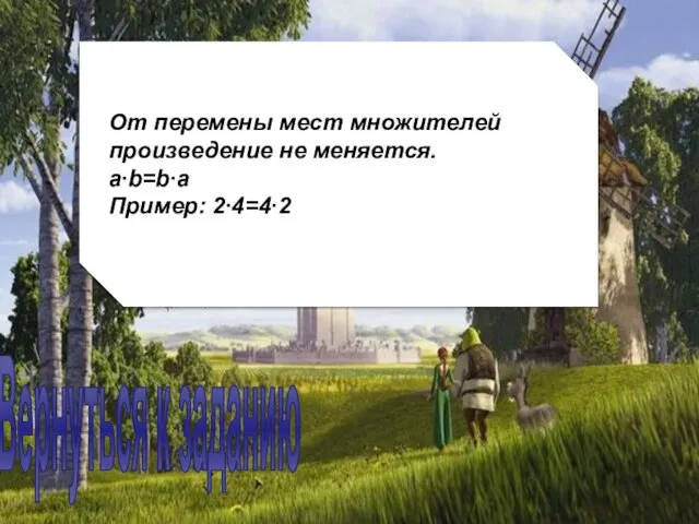 От перемены мест множителей произведение не меняется. а∙b=b∙а Пример: 2∙4=4∙2 Вернуться к заданию