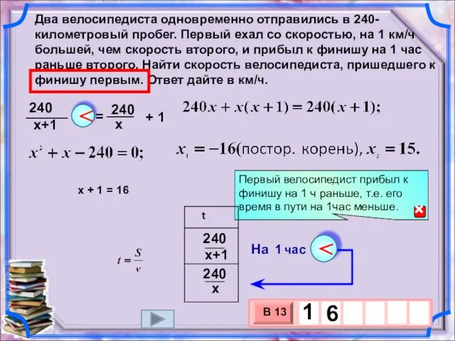 + 1 = Два велосипедиста одновременно отправились в 240-километровый пробег. Первый