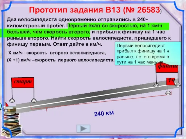 Два велосипедиста одновременно отправились в 240-километровый пробег. Первый ехал со скоростью,