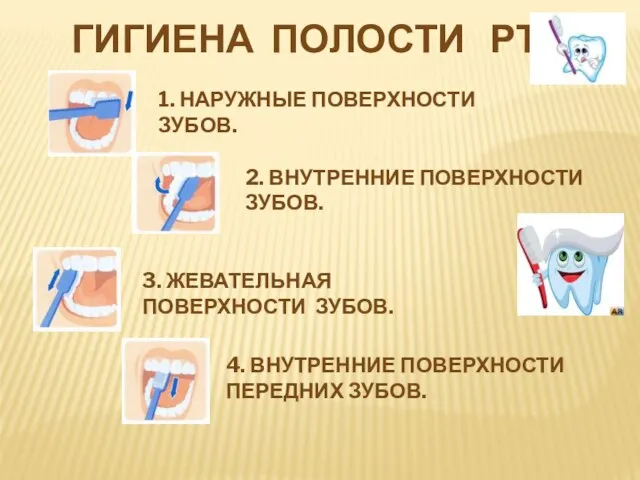 ГИГИЕНА ПОЛОСТИ РТА 1. НАРУЖНЫЕ ПОВЕРХНОСТИ ЗУБОВ. 2. ВНУТРЕННИЕ ПОВЕРХНОСТИ ЗУБОВ.