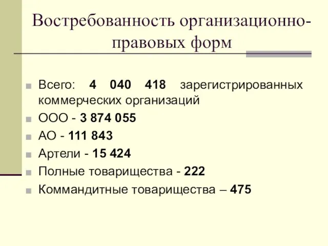 Востребованность организационно-правовых форм Всего: 4 040 418 зарегистрированных коммерческих организаций ООО