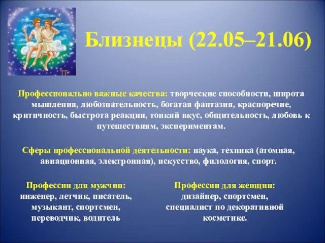 Близнецы (22.05–21.06) Профессионально важные качества: творческие способности, широта мышления, любознательность, богатая