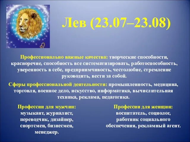 Лев (23.07–23.08) Профессионально важные качества: творческие способности, красноречие, способность все систематизировать,