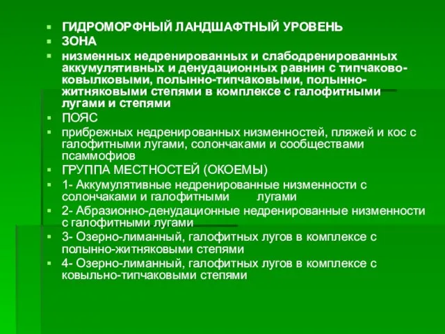 ГИДРОМОРФНЫЙ ЛАНДШАФТНЫЙ УРОВЕНЬ ЗОНА низменных недренированных и слабодренированных аккумулятивных и денудационных