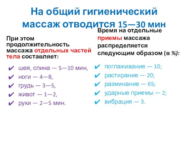 На общий гигиенический массаж отводится 15—30 мин При этом продолжительность массажа