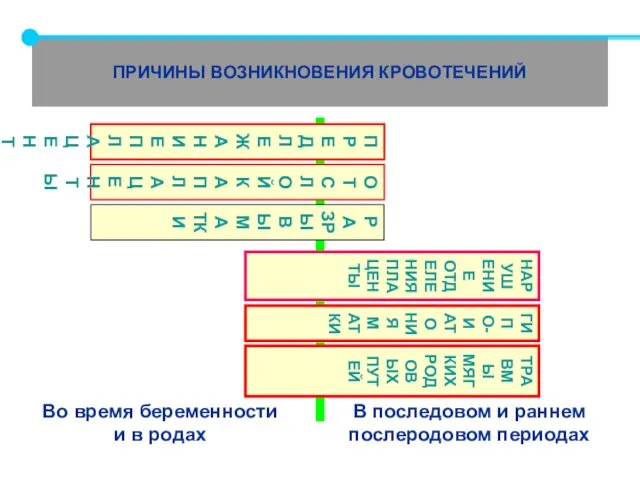 ПРИЧИНЫ ВОЗНИКНОВЕНИЯ КРОВОТЕЧЕНИЙ ПРЕДЛЕЖАНИЕ ПЛАЦЕНТЫ ОТСЛОЙКА ПЛАЦЕНТЫ РАЗРЫВЫ МАТКИ НАРУШЕНИЕ ОТДЕЛЕНИЯ