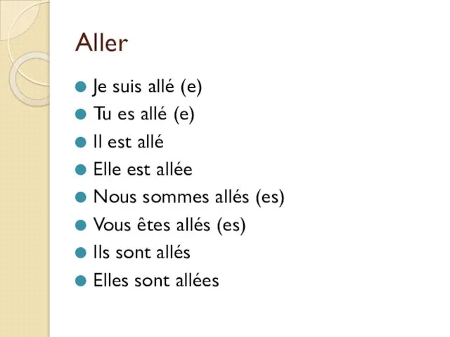 Aller Je suis allé (e) Tu es allé (e) Il est