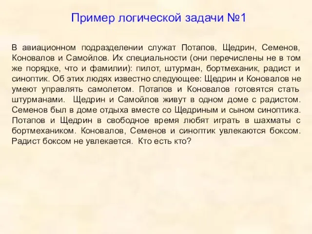 В авиационном подразделении служат Потапов, Щедрин, Семенов, Коновалов и Самойлов. Их