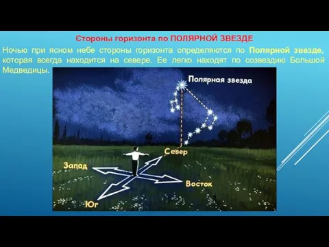 Стороны горизонта по ПОЛЯРНОЙ ЗВЕЗДЕ Ночью при ясном небе стороны горизонта