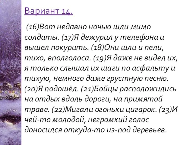 Вариант 14. (16)Вот недавно ночью шли мимо солдаты. (17)Я дежурил у