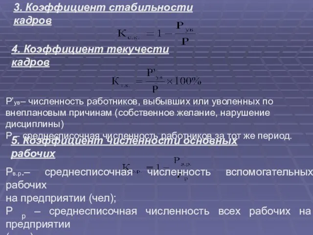 3. Коэффициент стабильности кадров 4. Коэффициент текучести кадров Р’ув– численность работников,